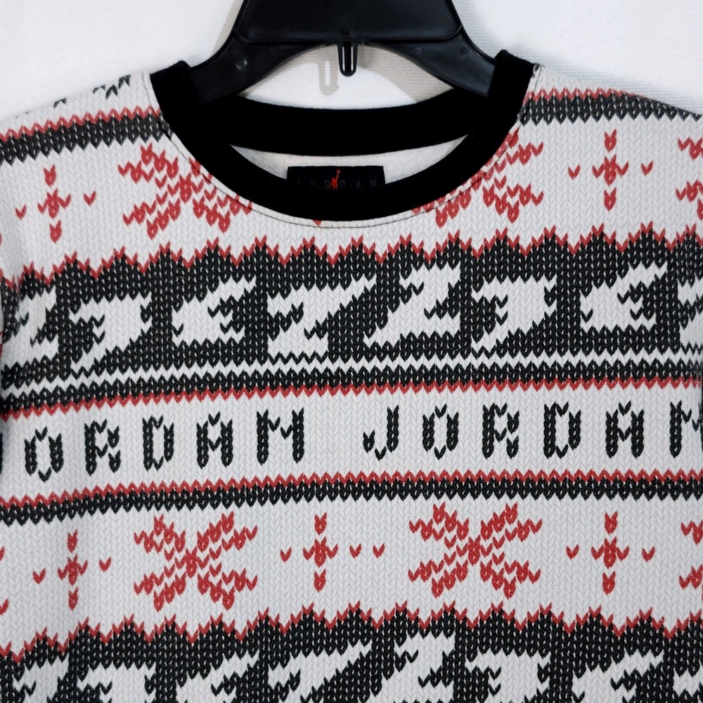 Jordan Jumpman Holiday Crew Sweatshirt Boys Large Fair Isle White Black Red - Picture 3 of 8